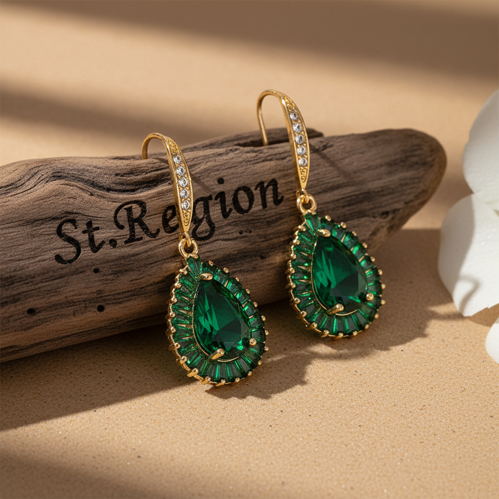 Green Crystal & Cubic Zirconia Goldtone Halo Drop Hook Earrings