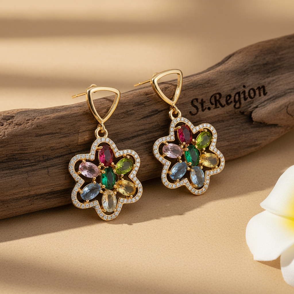 Multi-Colored Crystal & Cubic Zirconia Goldtone Flower Dangle Earrings