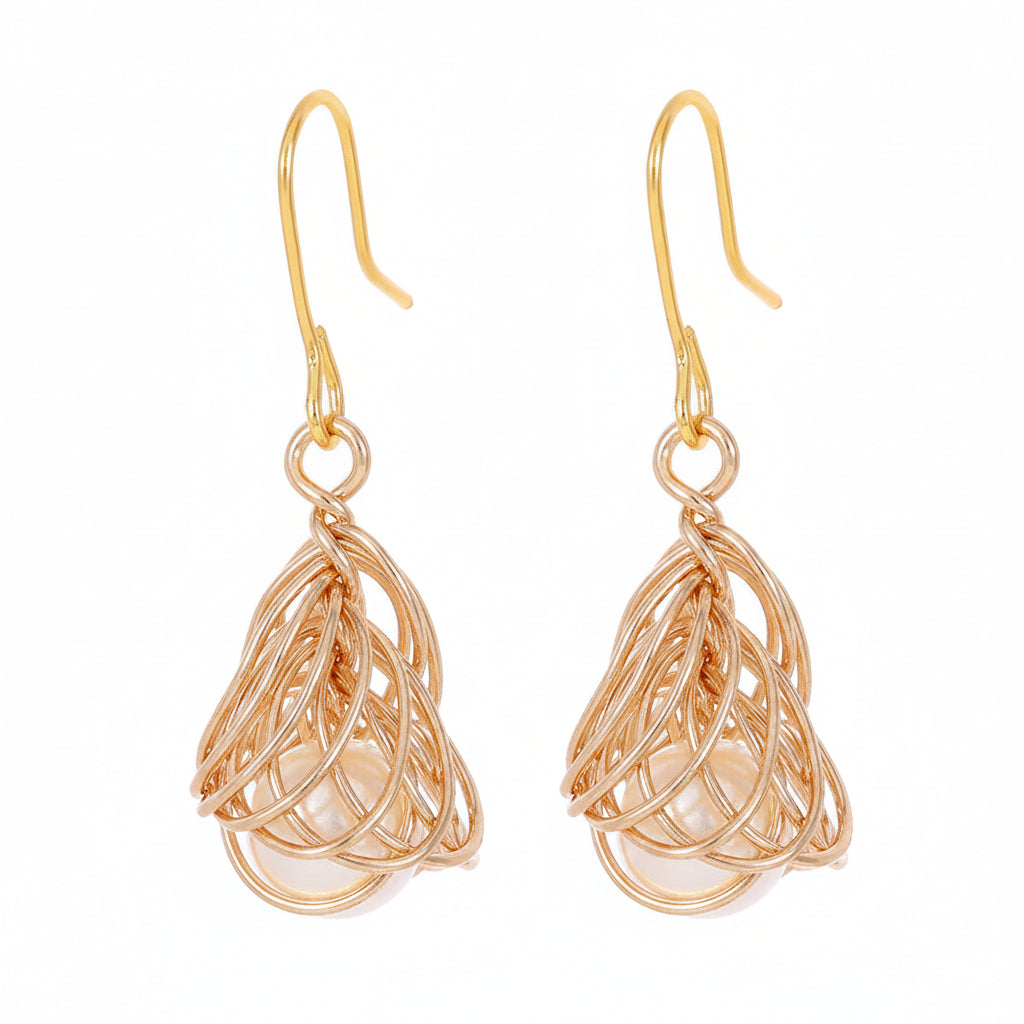 Pearl & Goldtone Sculptural Wire-Wrapped Hook Earrings