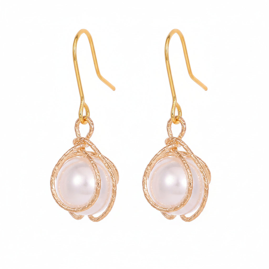 Pearl & Goldtone Textured Cage Hook Earrings