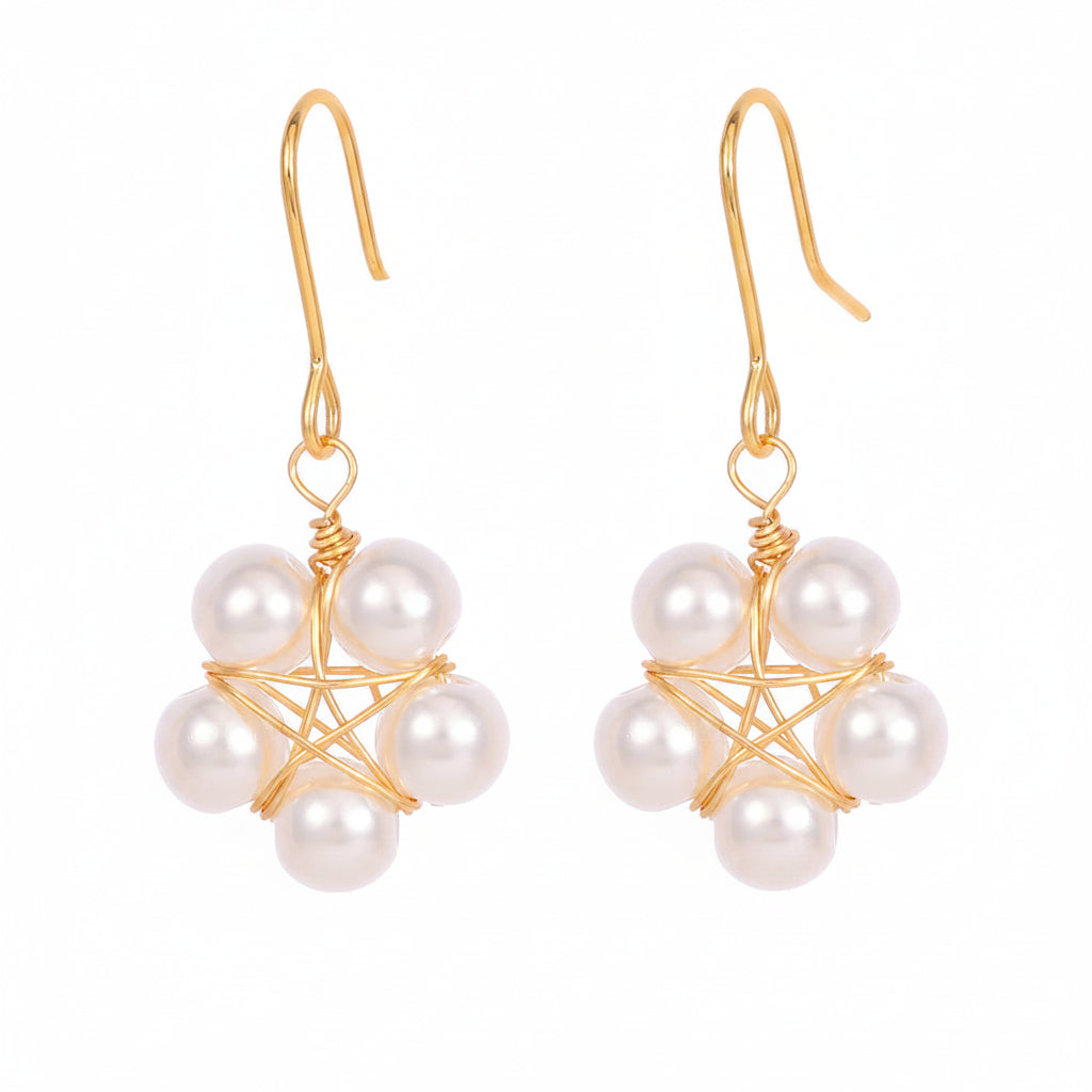 Pearl & Goldtone Geometric Floral Hook Earrings