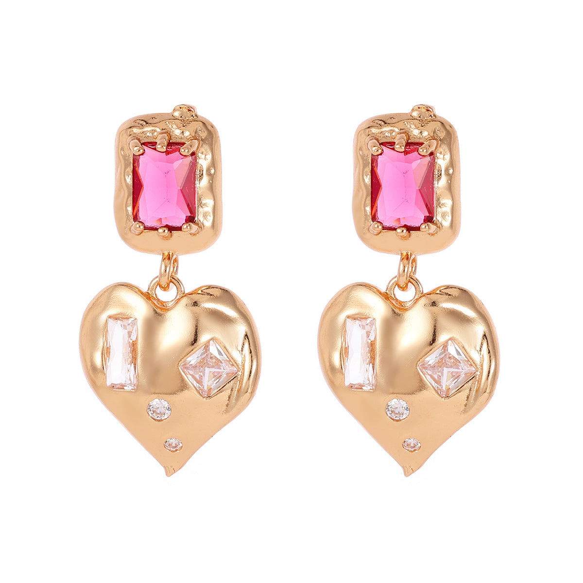 Pink Crystal & Cubic Zirconia Goldtone Heart Dangle Earrings