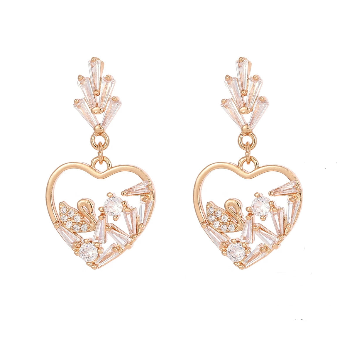 Cubic Zirconia & Goldtone Swan Heart Dangle Earrings