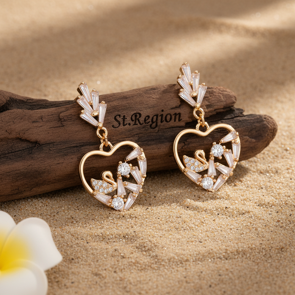 Cubic Zirconia & Goldtone Swan Heart Dangle Earrings