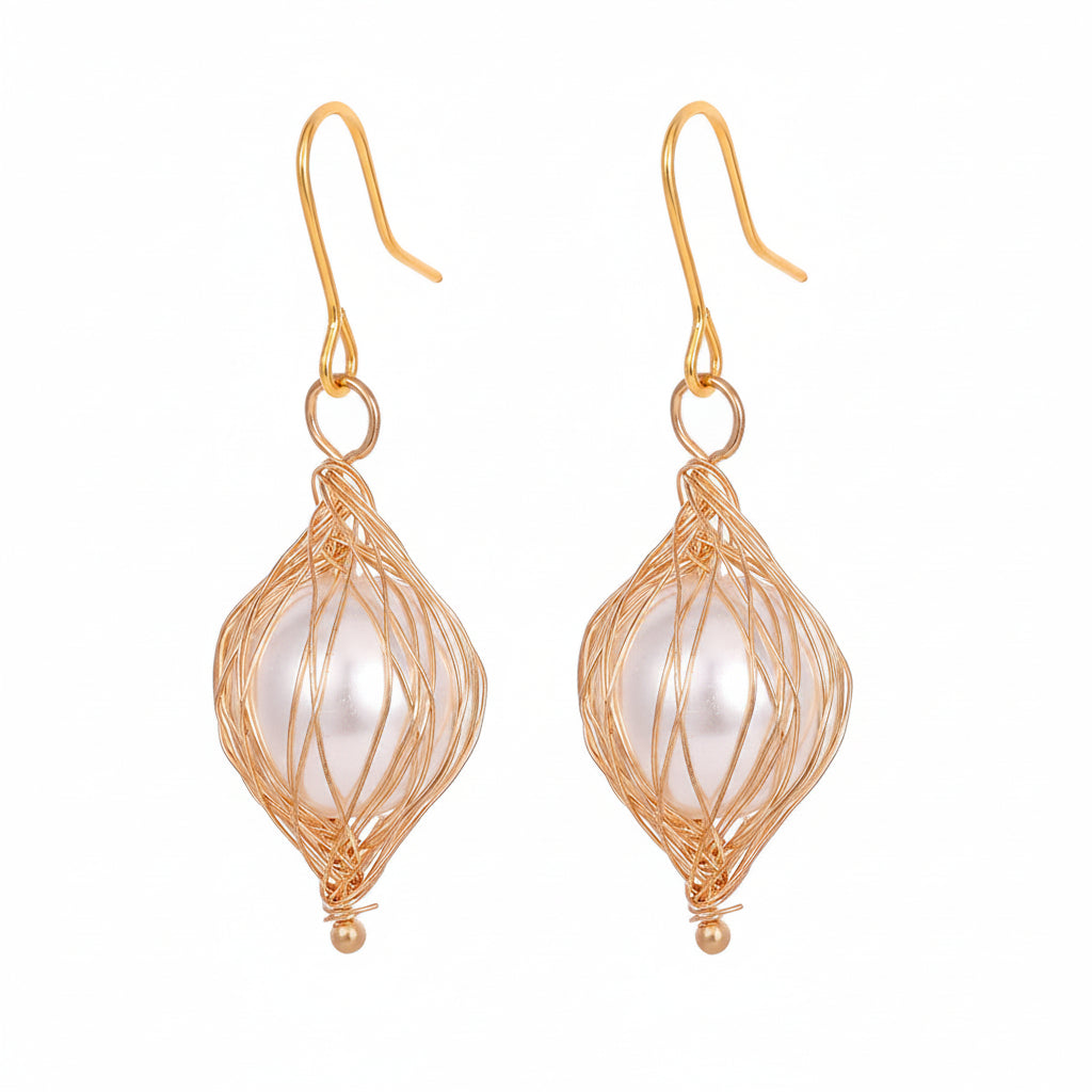 Pearl & Goldtone Artisanal Wire-Mesh Caged Hook Earrings