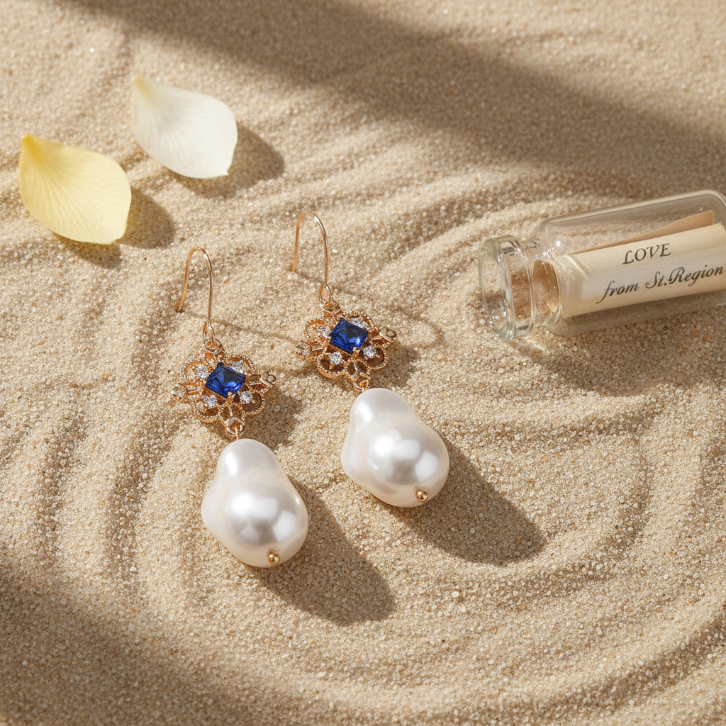Royal Blue Crystal & Baroque Pearl Floral Rhombus Drop Earrings