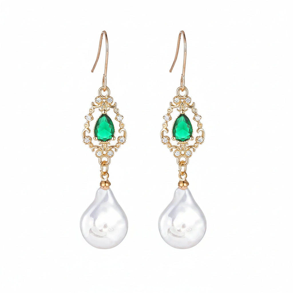 Emerald Crystal & Baroque Pearl Goldtone Teardrop Hook Earrings