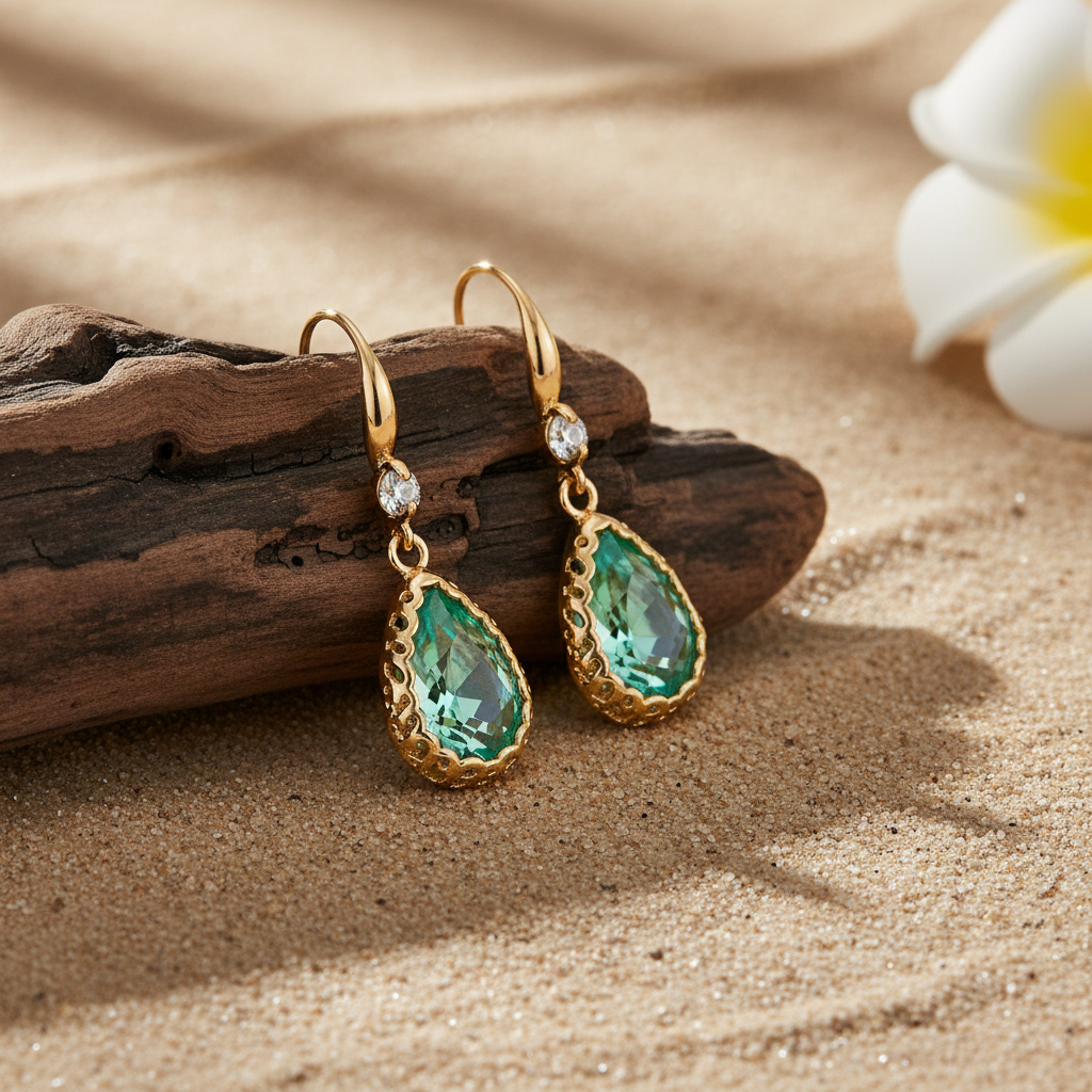 Green Crystal & Cubic Zirconia Goldtone Teardrop Hook Earrings