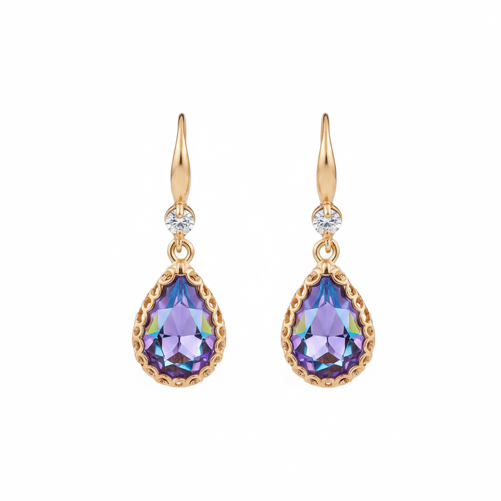 Purple Crystal & Cubic Zirconia Goldtone Teardrop Hook Earrings