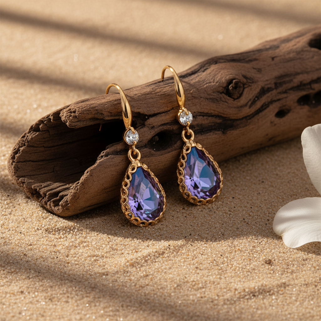 Purple Crystal & Cubic Zirconia Goldtone Teardrop Hook Earrings