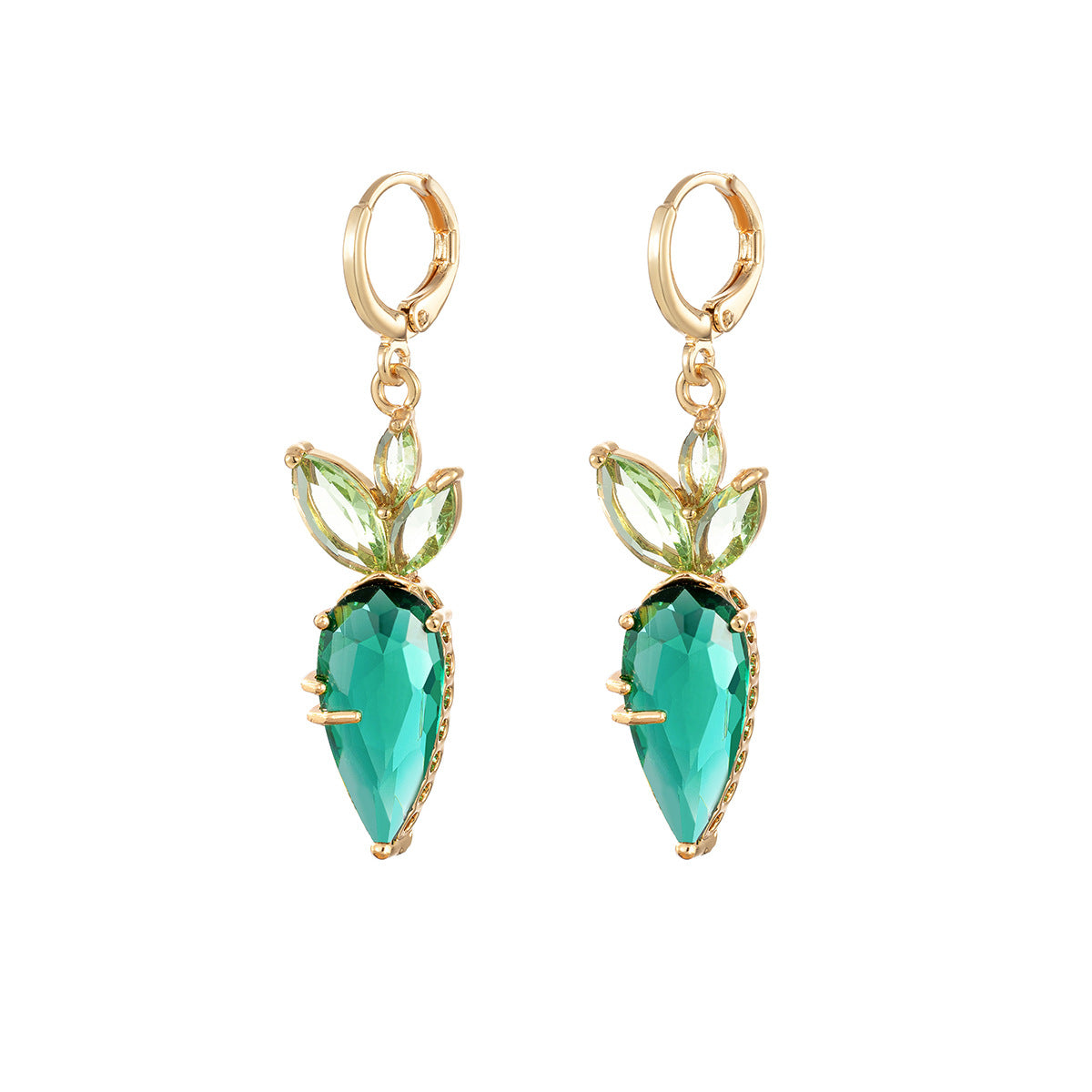 Green Crystal & Goldtone Carrot Huggie Earrings