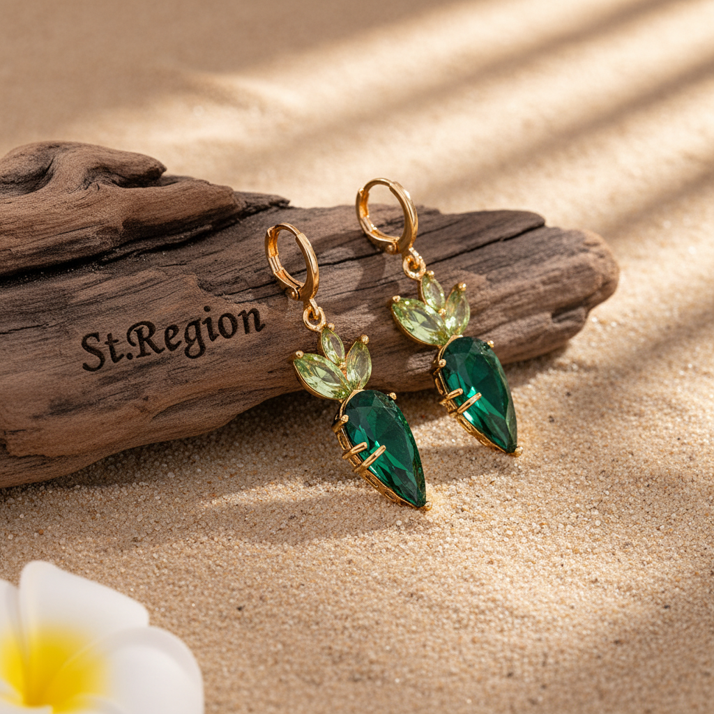 Green Crystal & Goldtone Carrot Huggie Earrings