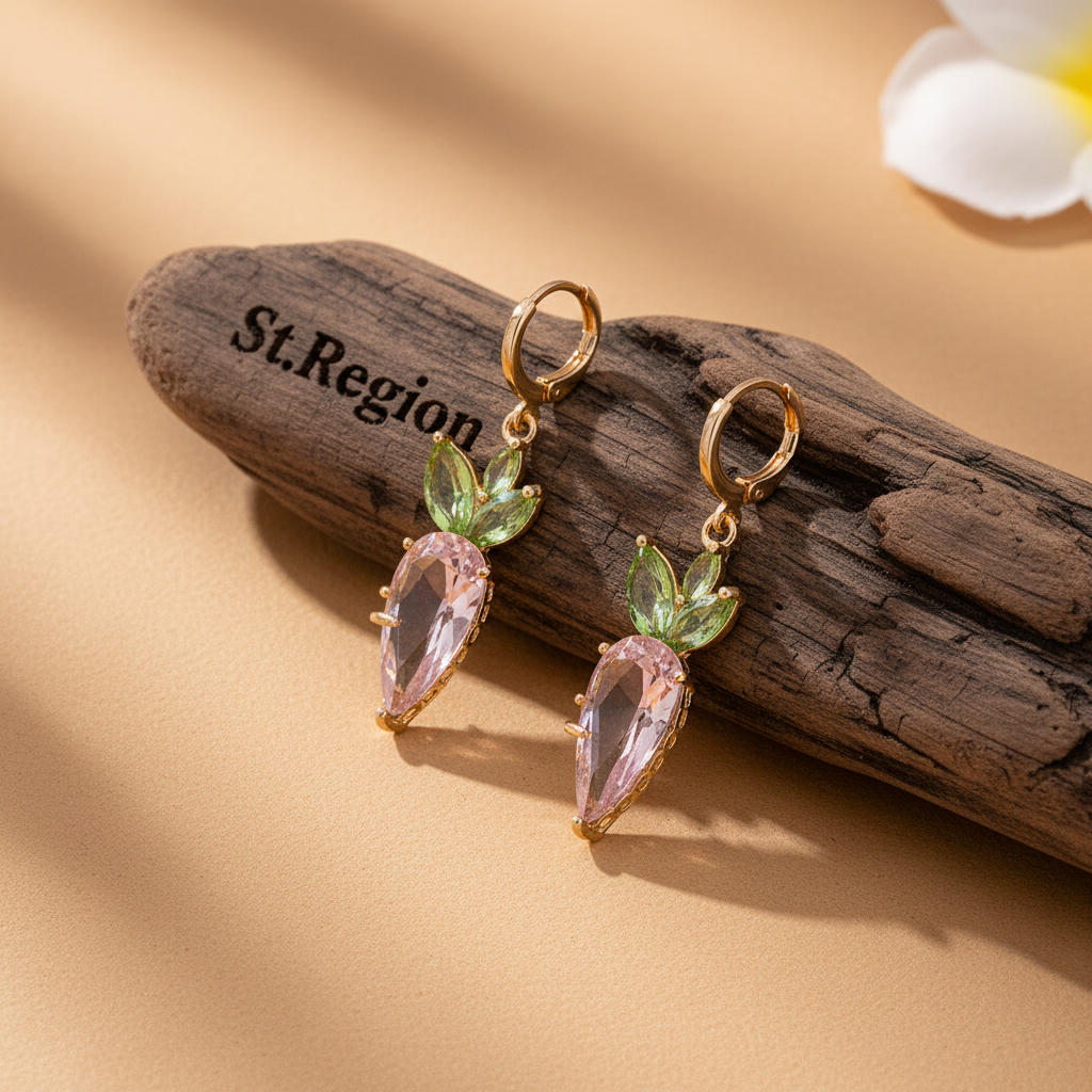 Pink Crystal & Goldtone Carrot Huggie Earrings