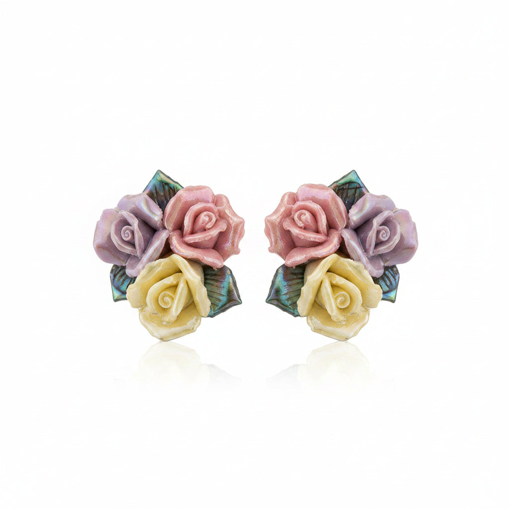 Multi-Colored Ceramic‌ & Silvertone Rose Cluster Stud Earrings