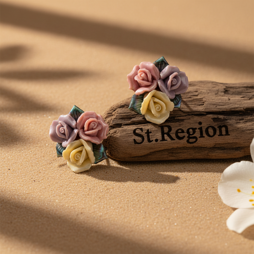 Multi-Colored Ceramic‌ & Silvertone Rose Cluster Stud Earrings
