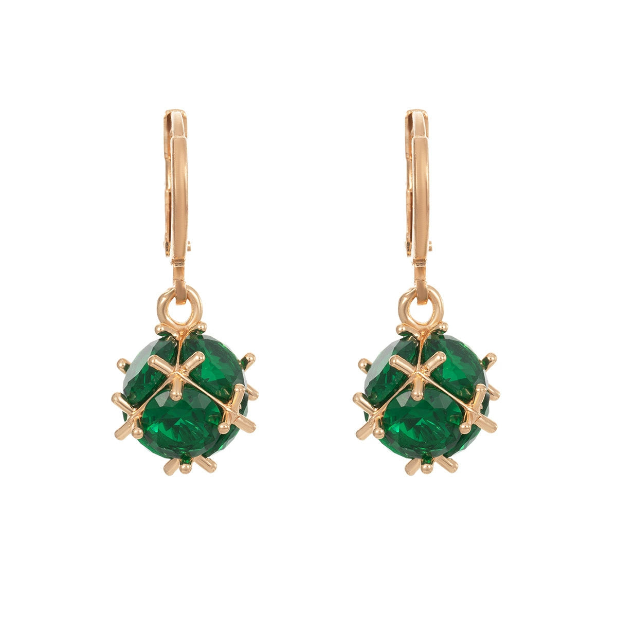 Green Crystal & Goldtone Ball Huggie Earrings