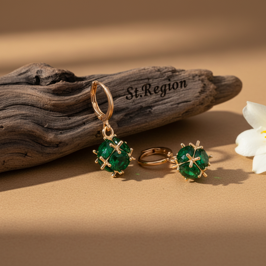 Green Crystal & Goldtone Ball Huggie Earrings
