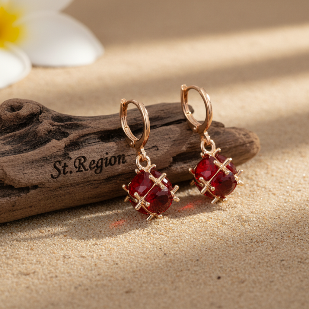 Red Crystal & Goldtone Ball Huggie Earrings