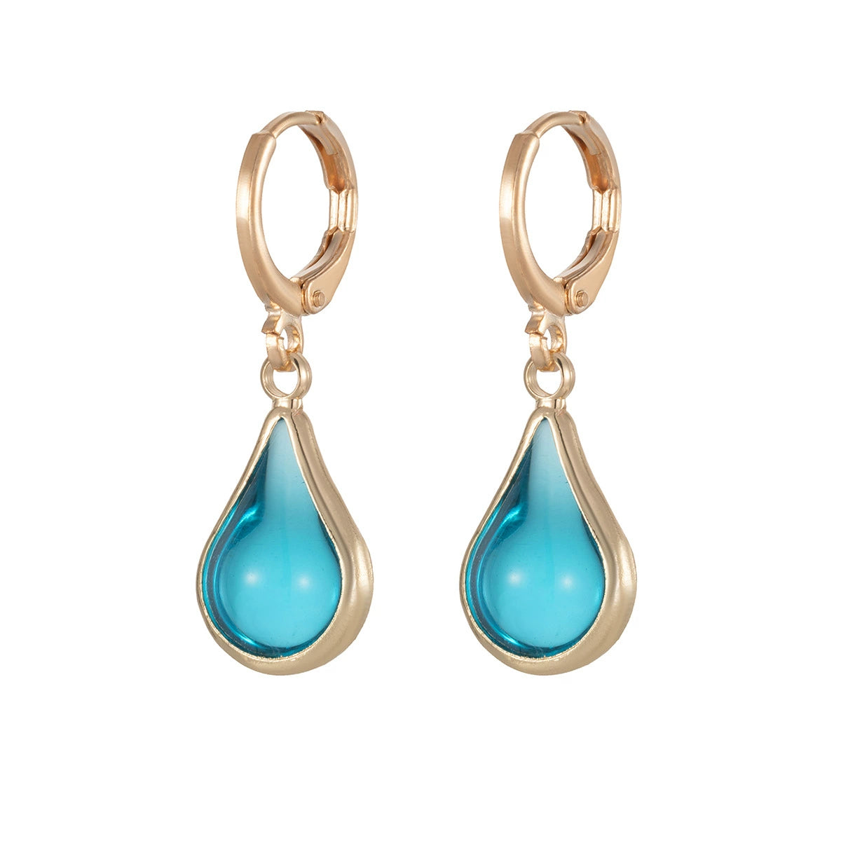 Blue Glass & Goldtone Drop Shape Huggie Earrings