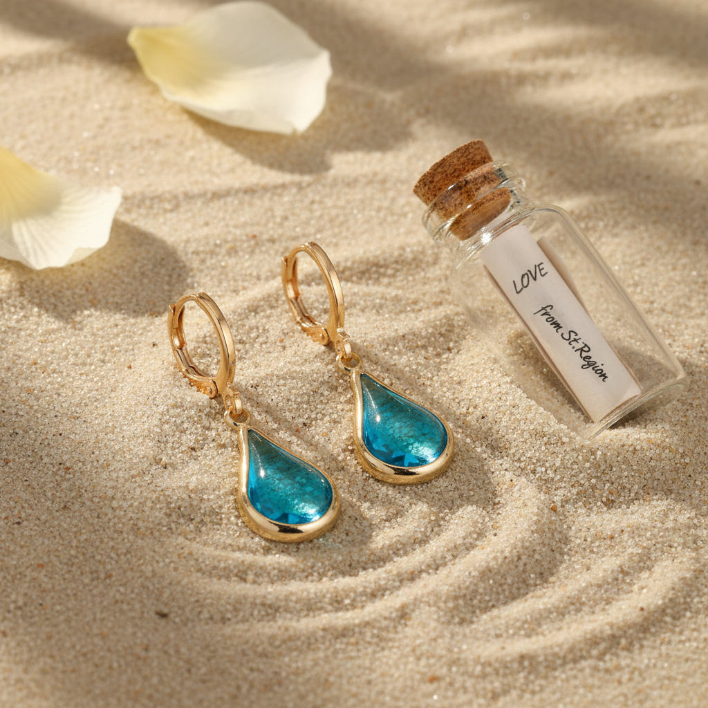 Blue Glass & Goldtone Drop Shape Huggie Earrings