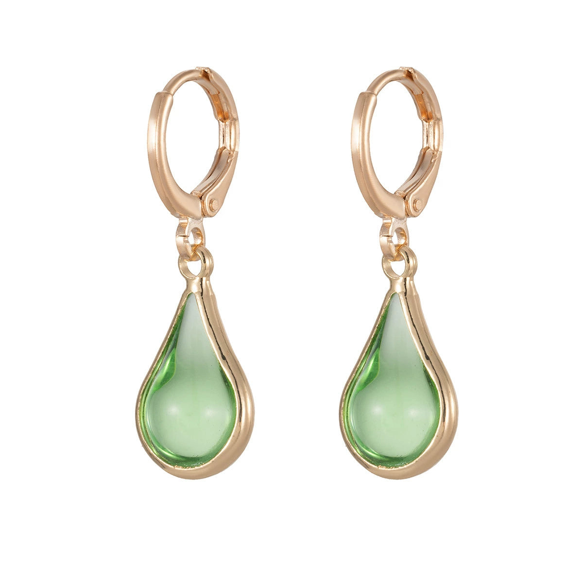 Green Glass & Goldtone Drop Shape Huggie Earrings