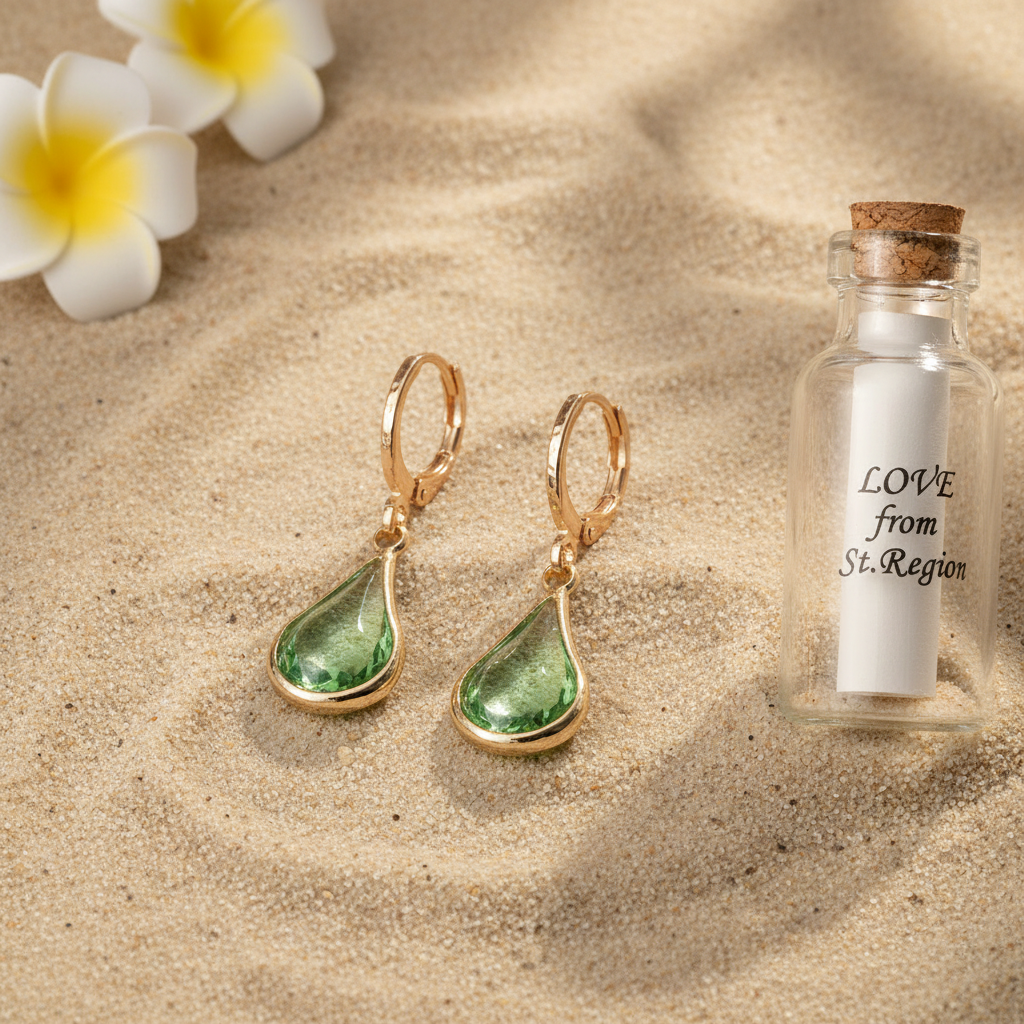 Green Glass & Goldtone Drop Shape Huggie Earrings
