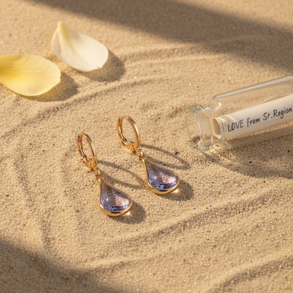 Purple Glass & Goldtone Drop Shape Huggie Earrings