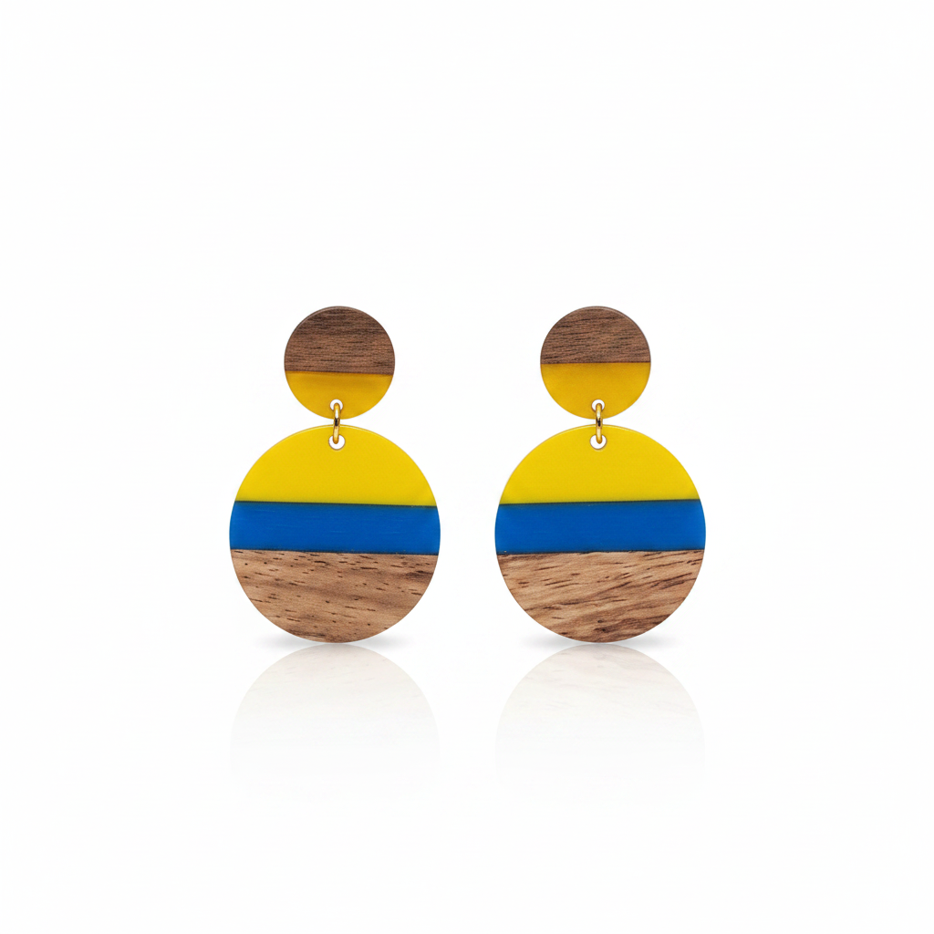 Yellow & Blue Resin Wood Goldtone Striped Circular Dangle Earrings