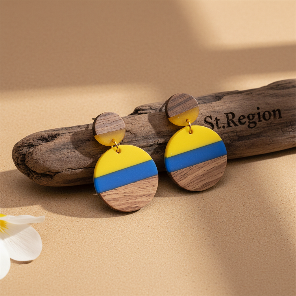 Yellow & Blue Resin Wood Goldtone Striped Circular Dangle Earrings