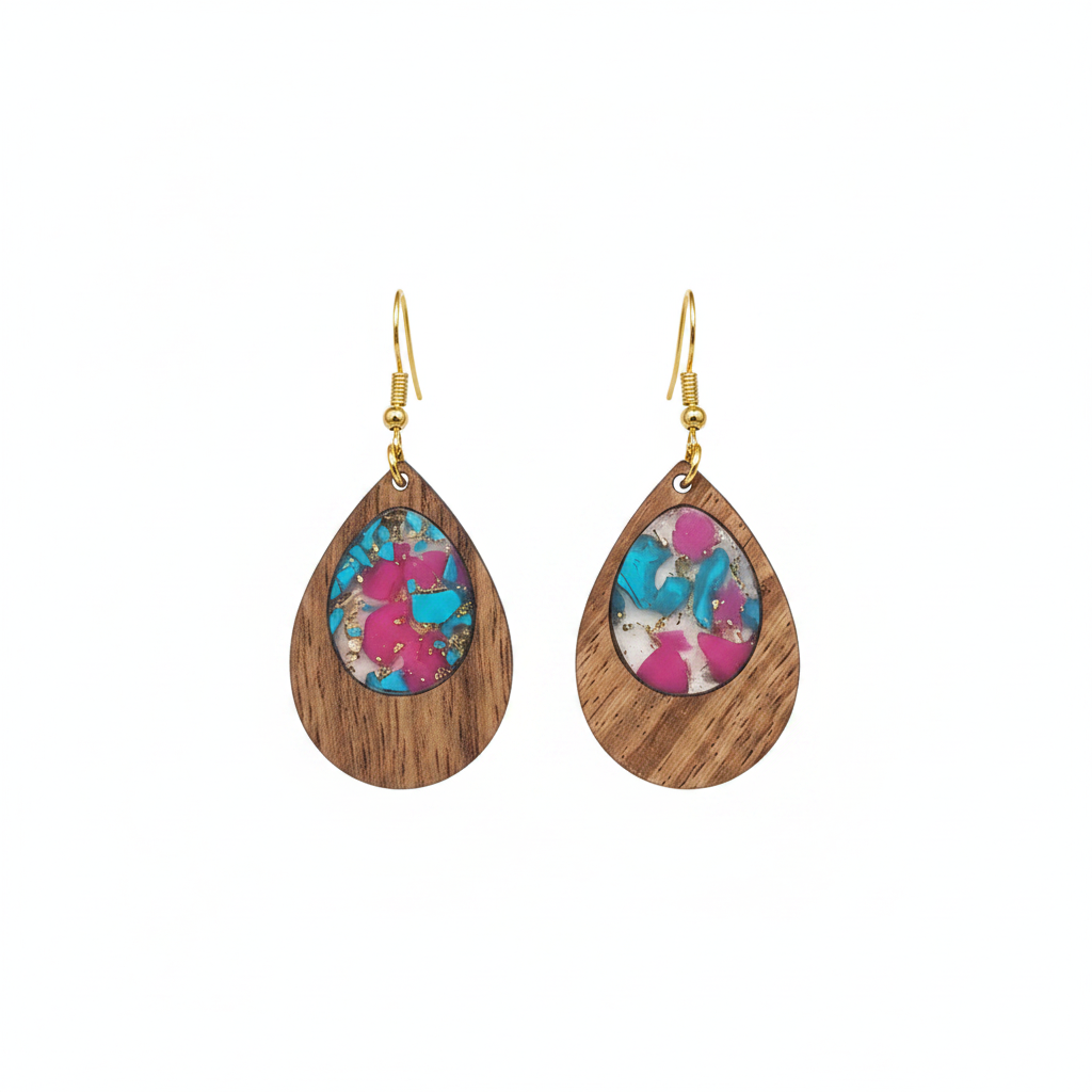Blue & Rose Resin Wood Goldtone Patchwork Teardrop Hook Earrings
