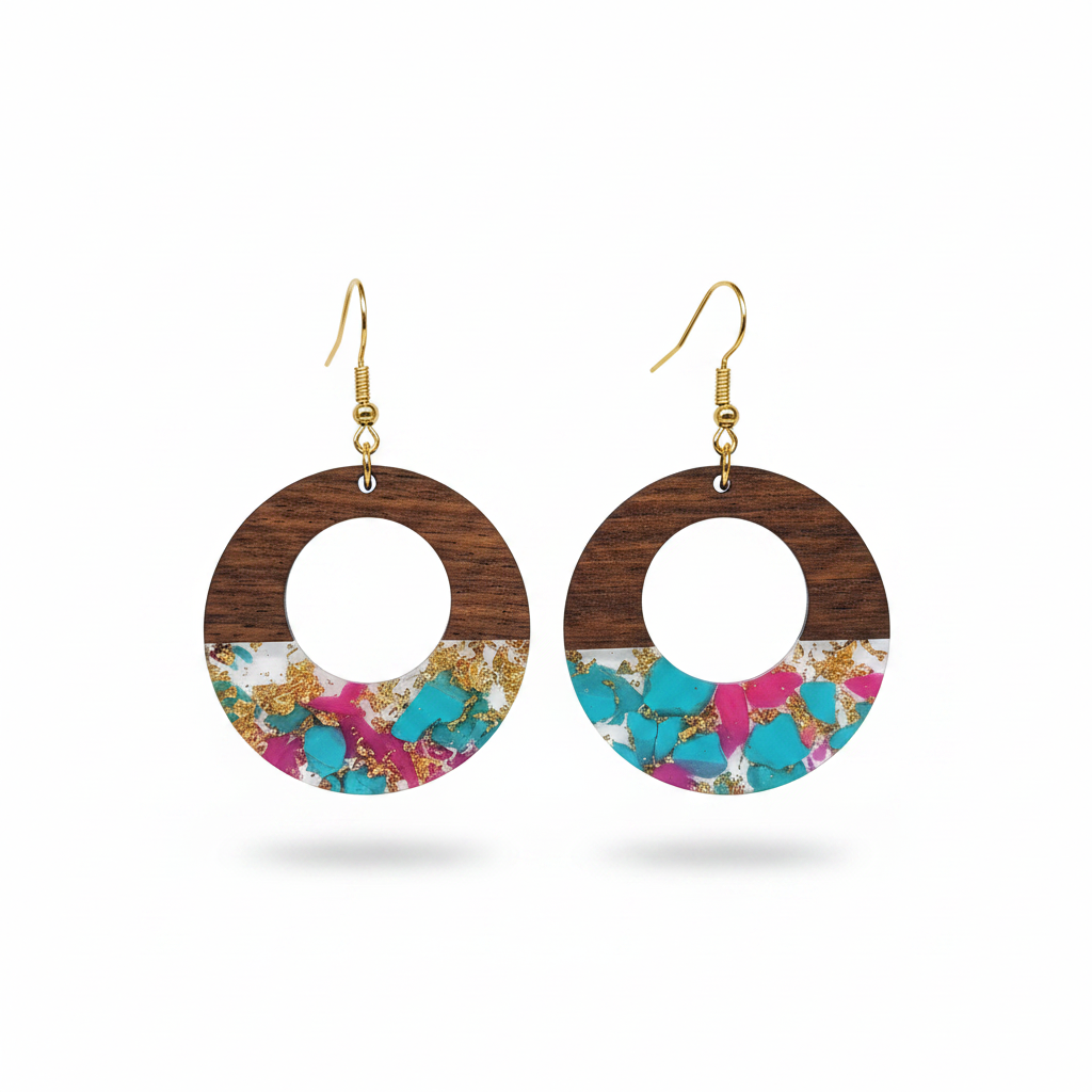 Blue & Rose Resin Wood Goldtone Patchwork Open Circular Hook Earrings