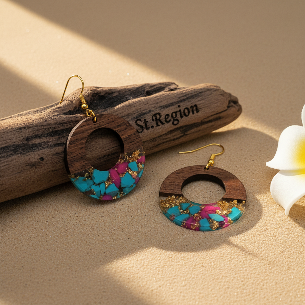 Blue & Rose Resin Wood Goldtone Patchwork Open Circular Hook Earrings