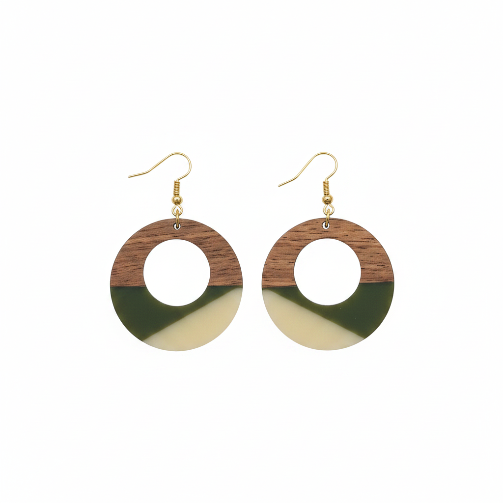 Green & White Resin Wood Goldtone Patchwork Open Circular Hook Earrings