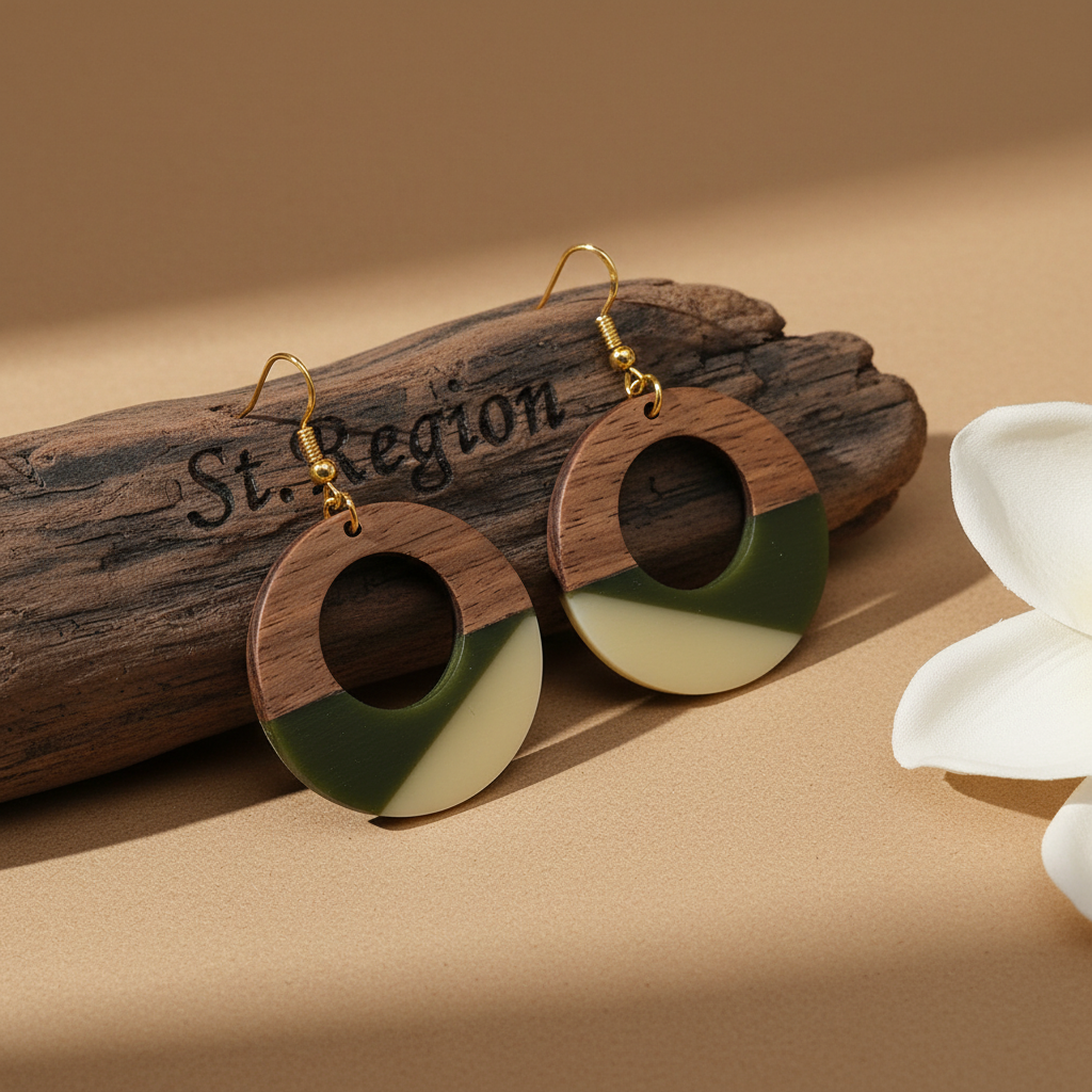 Green & White Resin Wood Goldtone Patchwork Open Circular Hook Earrings