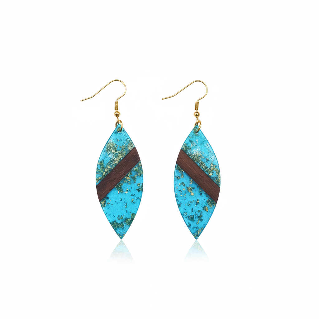 Blue Resin & Wood Goldtone Leaf Hook Earrings
