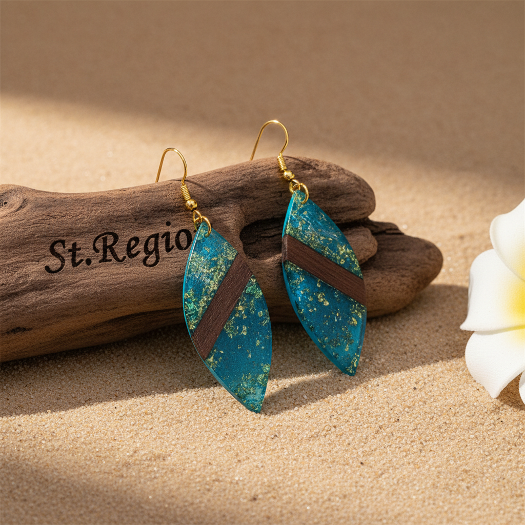 Blue Resin & Wood Goldtone Leaf Hook Earrings