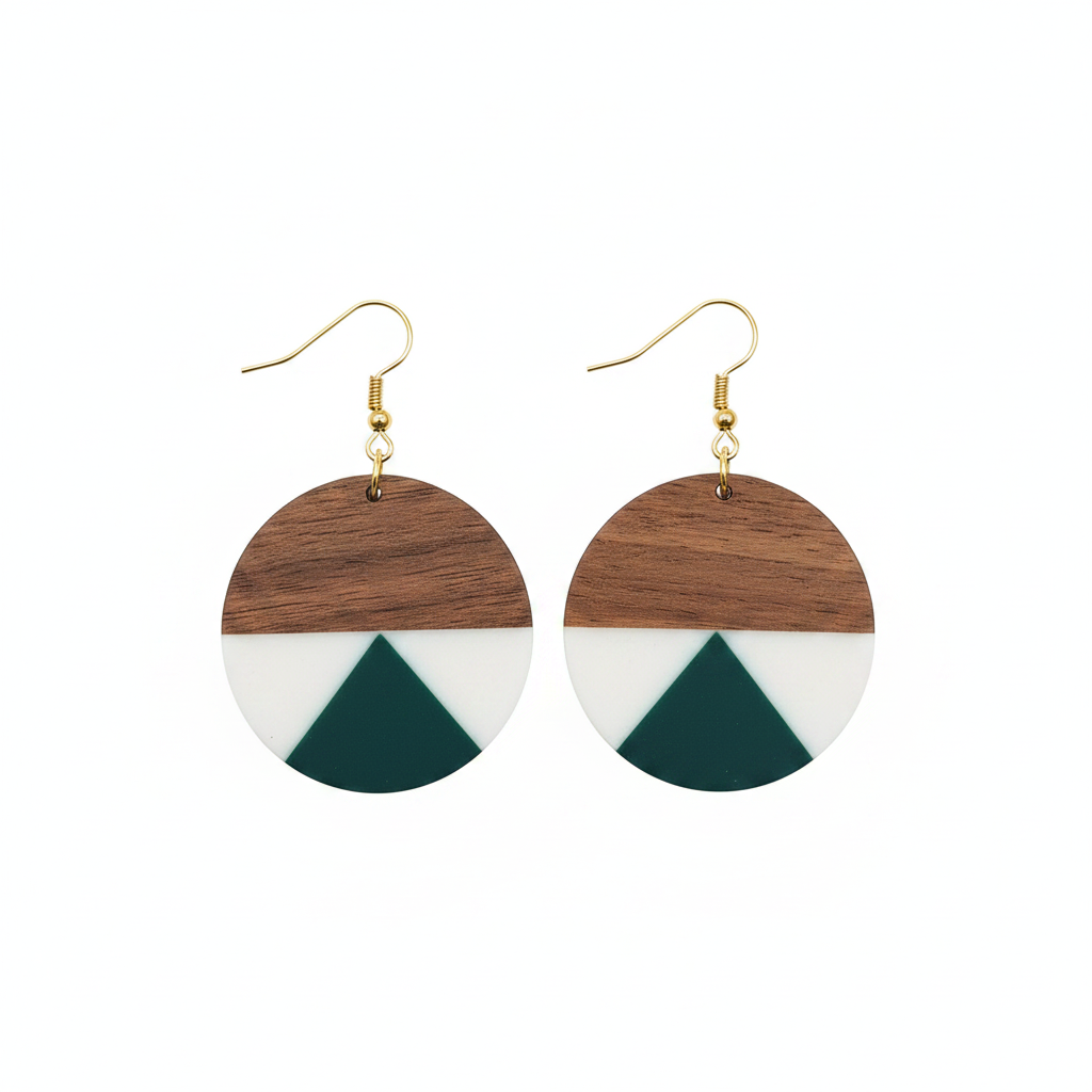 Emerald Green Resin & Wood Goldtone Patchwork Circular Hook Earrings