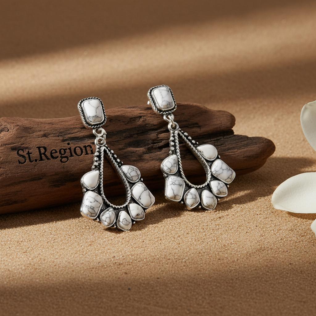 White Marbled Turquoise & Silver-Plated Chandelier Drop Earrings