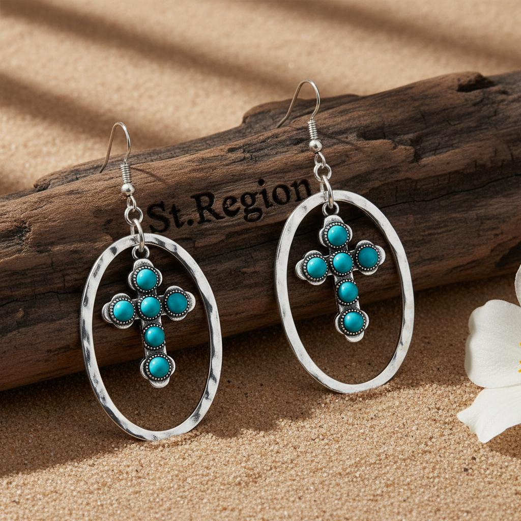 Turquoise & Silver-Plated Oval Cross Drop Earrings