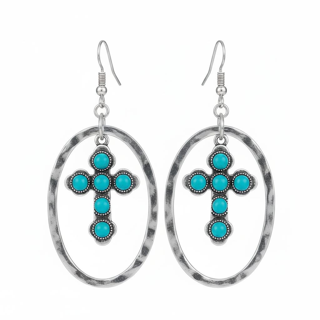 Turquoise & Silver-Plated Oval Cross Drop Earrings