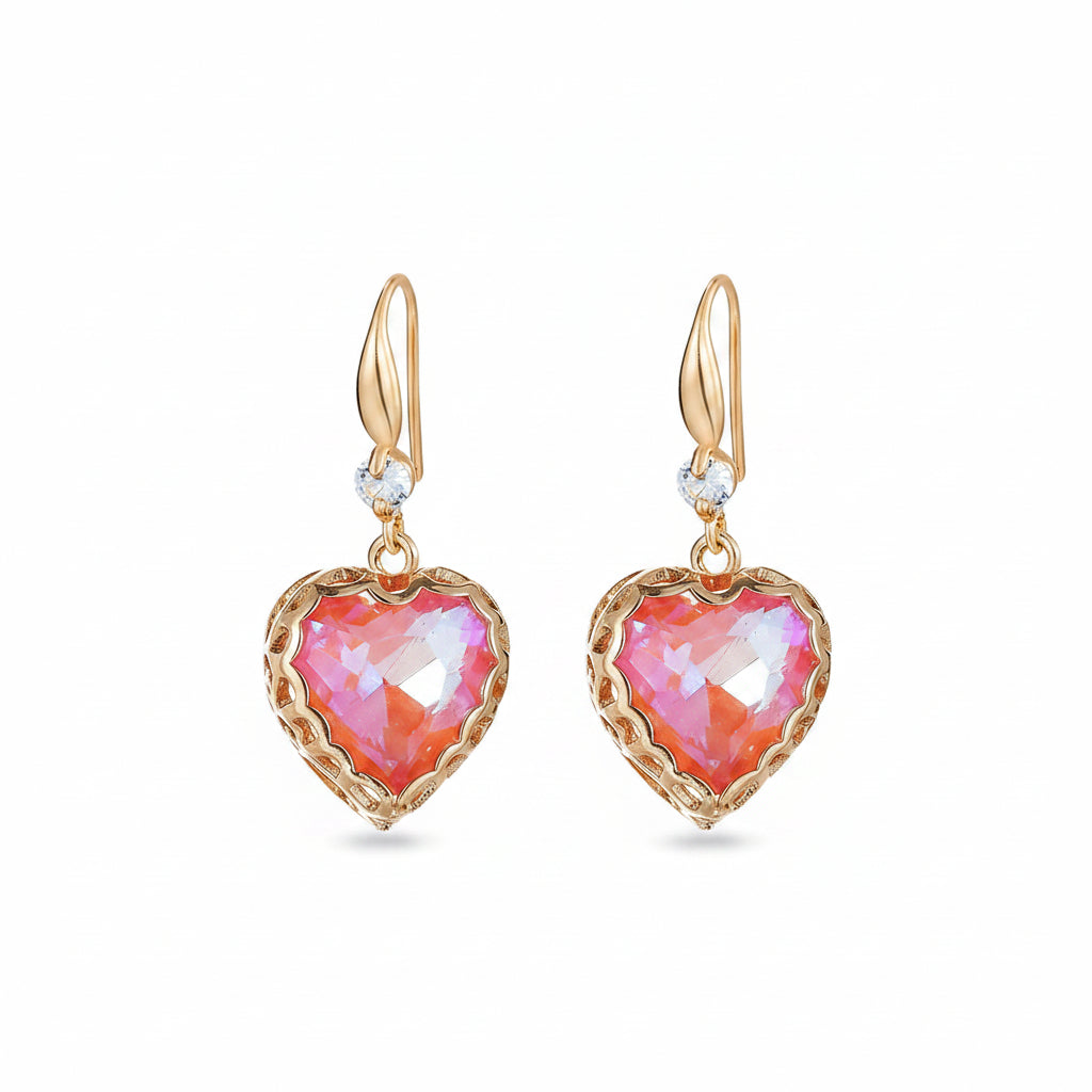 Orange Iridescent Crystal & Cubic Zirconia Goldtone Heart Hook Earrings