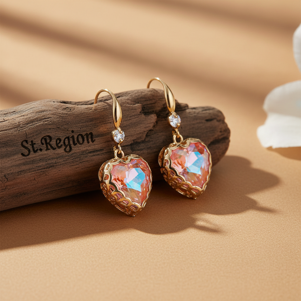 Orange Iridescent Crystal & Cubic Zirconia Goldtone Heart Hook Earrings