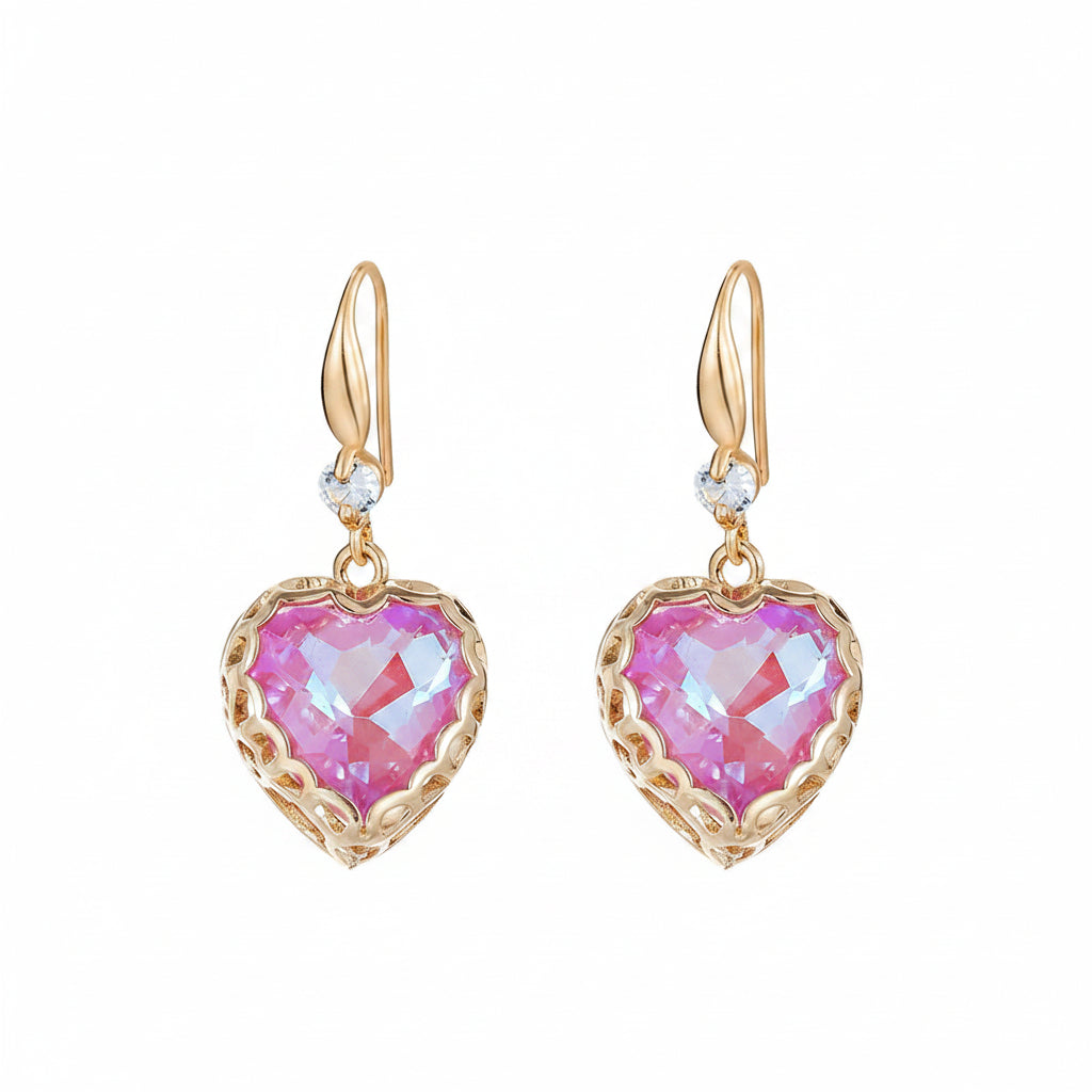 Purple Iridescent Crystal & Cubic Zirconia Goldtone Heart Hook Earrings