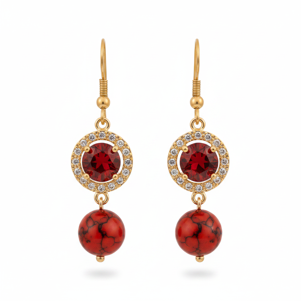 Red Turqouise & Crystal Cubic Zirconia Goldtone Ball Hook Earrings