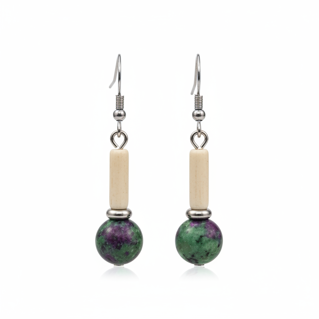 Green Jade & Silvertone Cylinder Ball Hook Earrings