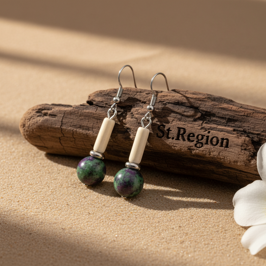 Green Jade & Silvertone Cylinder Ball Hook Earrings