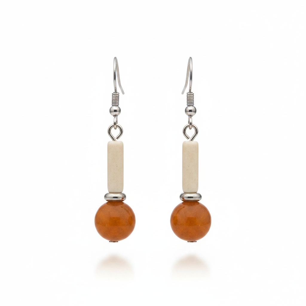 Orange Jade & Silvertone Cylinder Ball Hook Earrings