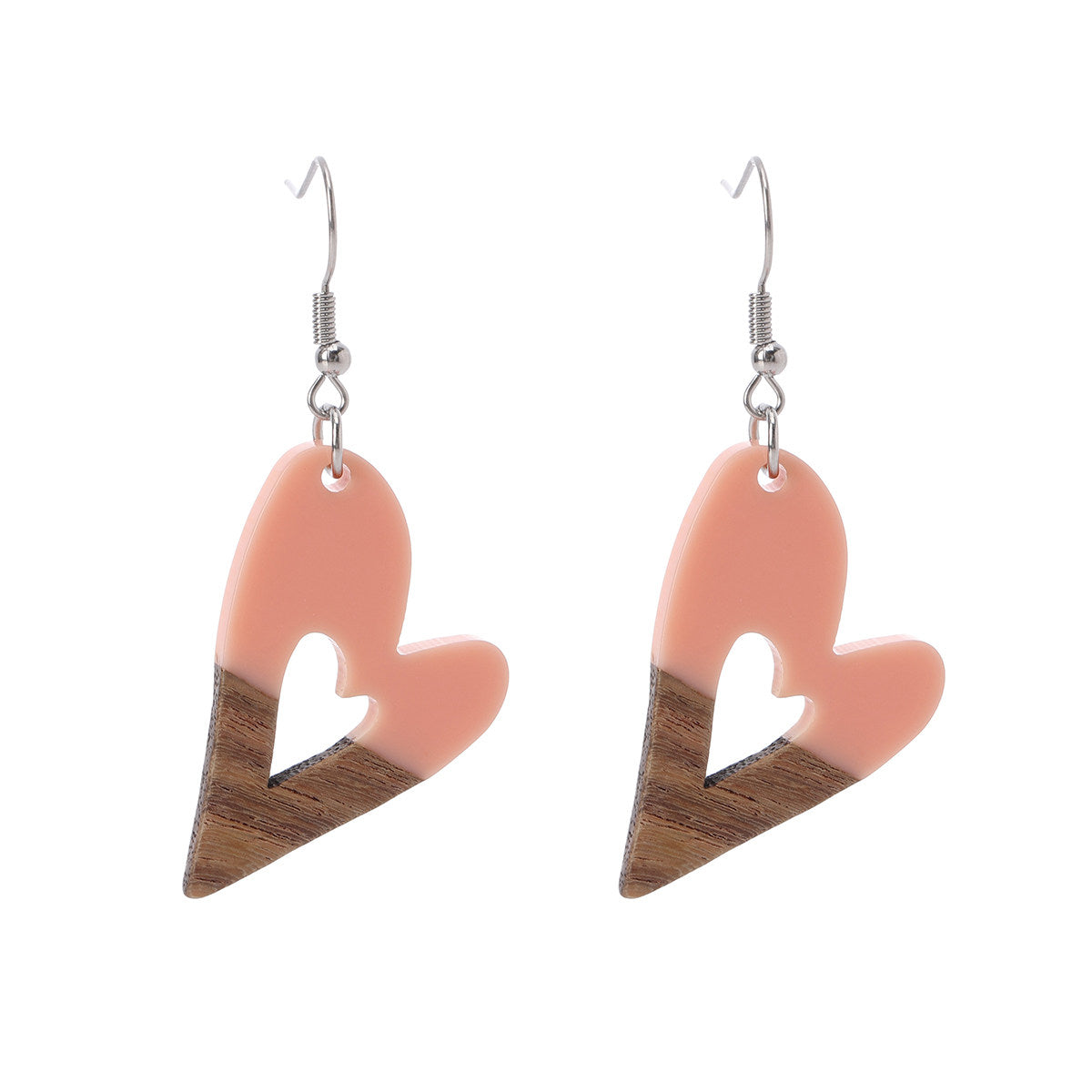 Pink Resin & Wood Silvertone Heart Hook Earrings