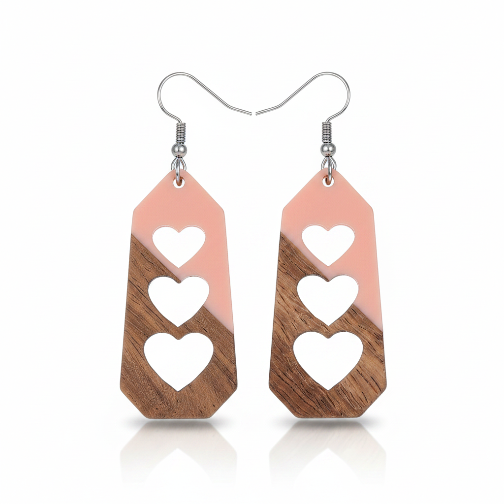Pink Resin & Wood Silvertone Graduated Heart Hook Earrings