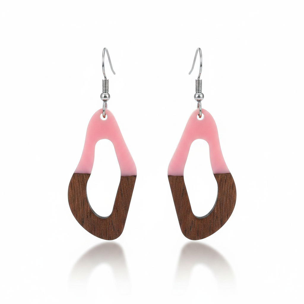Pink Resin & Wood Silvertone Irregular Teardrop Hook Earrings